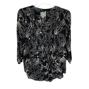 Maeve Anthropologie Bird Print Pintuck Blouse Black Top Shirt Size 0
